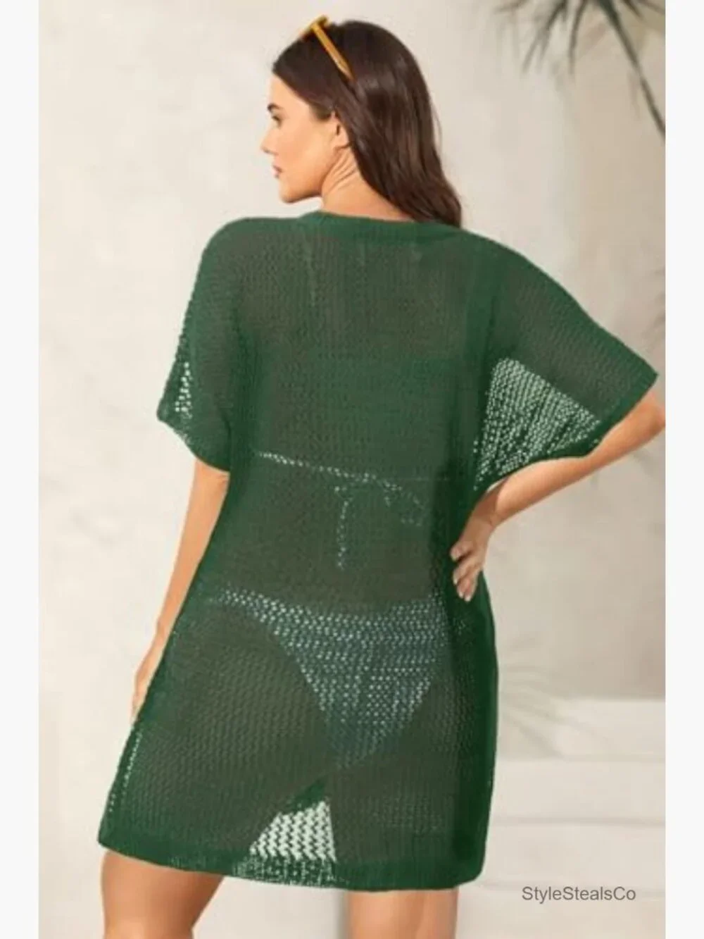 V Neck Short Sleeve Crochet Beach Dress Coverup